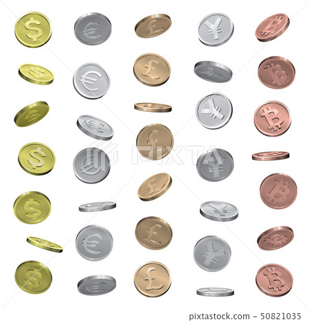 Coins of dollar, euro, pound, yen and bitcoin Coins of dollar, euro, pound, yen and bitcoin 50821035