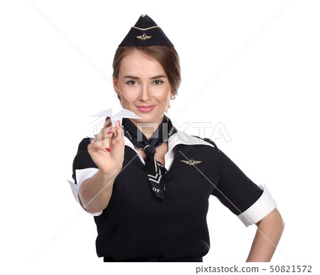 JUN 31, 2015 Air hostess in olf uniform of Russian airline Aeroflot Holding Paper Plane In Hand JUN 31, 2015 Air hostess in olf uniform of Russian airline Aeroflot Holding Paper Plane In Hand 50821572