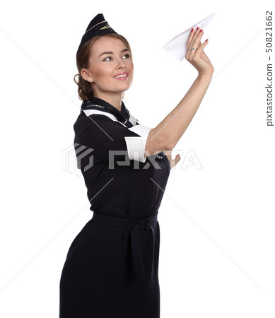 JUN 31, 2015 Air hostess in olf uniform of Russian airline Aeroflot Holding Paper Plane In Hand JUN 31, 2015 Air hostess in olf uniform of Russian airline Aeroflot Holding Paper Plane In Hand 50821662