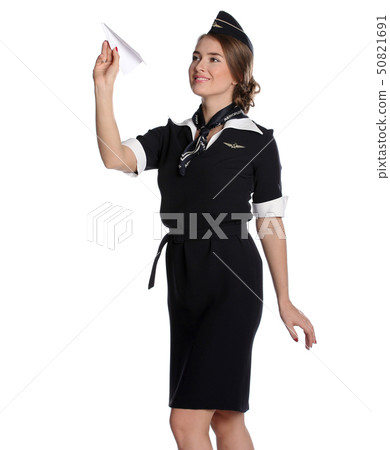 JUN 31, 2015 Air hostess in olf uniform of Russian airline Aeroflot Holding Paper Plane In Hand JUN 31, 2015 Air hostess in olf uniform of Russian airline Aeroflot Holding Paper Plane In Hand 50821691
