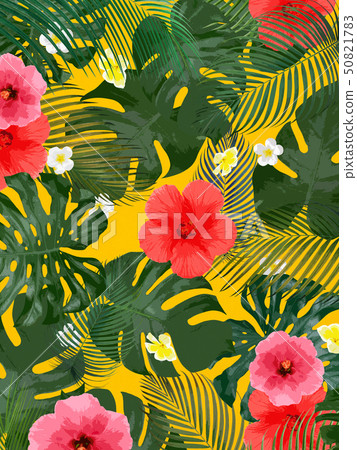Background-Sea-Summer-Monstera-Plumeria-Hibiscus 50821783