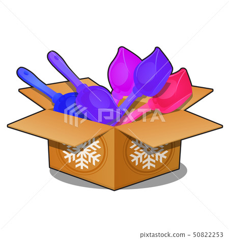 Cardboard box with colored plastic shovels for snow isolated on white background. Sample of poster Cardboard box with colored plastic shovels for snow isolated on white background. Sample of poster 50822253