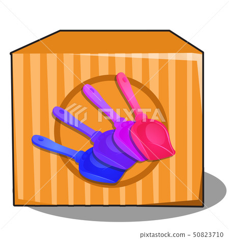 Cardboard box with colored plastic shovels for snow isolated on white background. Vector cartoon Cardboard box with colored plastic shovels for snow isolated on white background. Vector cartoon 50823710