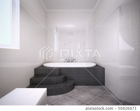 View of jacuzzi in bathroom with glossy walls 50826871