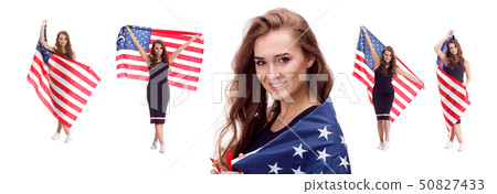 Happy young girl holding USA flag isolated on white background Happy young girl holding USA flag isolated on white background 50827433