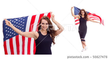 Happy young girl holding USA flag isolated on white background 50827478