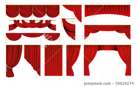 Realistic red curtains. Cinema and theater stage borders, 3D elegant backdrop drapery. Vector movie 50829274
