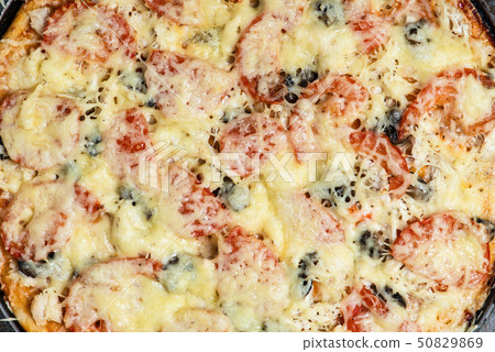 Freshly baked pizza, flat lay. Fragrant pizza 50829869