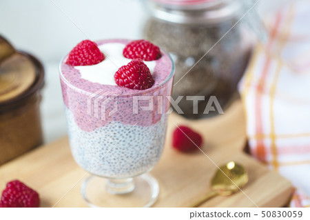 Chia pudding with almond milk, yogurt, pitaya 50830059