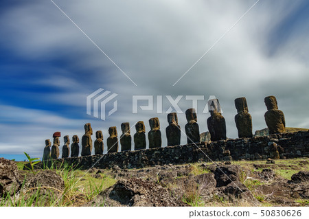 Rear view ultra long exposure of Moai statues of Ahu Tongariki on Easter Island 50830626