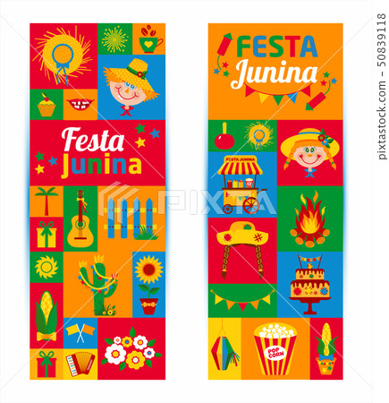 Festa Junina village festival in Latin America. Icons set in bri 50839118