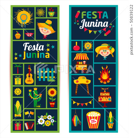 Festa Junina village festival in Latin America. Icons set in bri 50839122