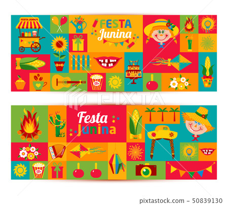 Festa Junina village festival in Latin America. Icons set in bri 50839130