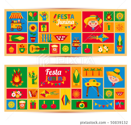 Festa Junina village festival in Latin America. Icons set in bri 50839132