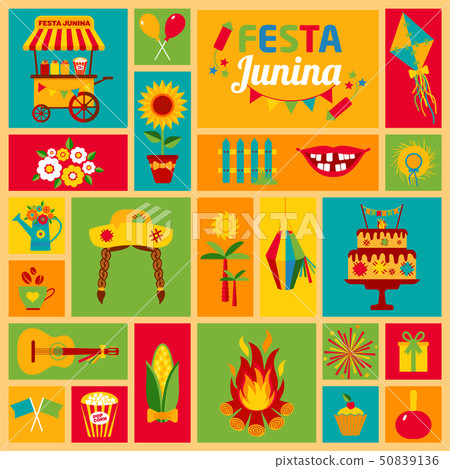 Festa Junina village festival in Latin America. Icons set in bri 50839136
