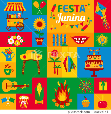 Festa Junina village festival in Latin America. Icons set in bri 50839141
