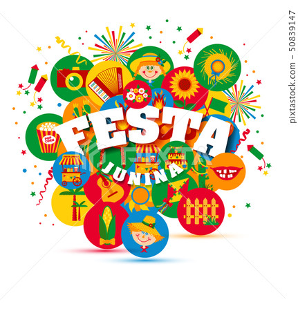 Festa Junina village festival in Latin America. Icons set in bri 50839147