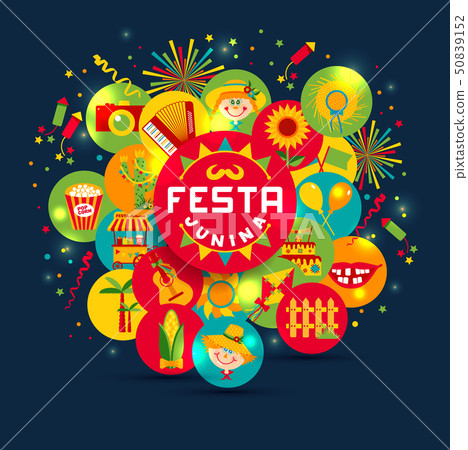 Festa Junina village festival in Latin America. Icons set in bri 50839152