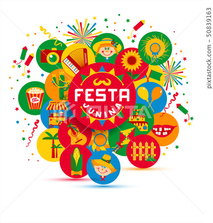 Festa Junina village festival in Latin America. Icons set in bri 50839163