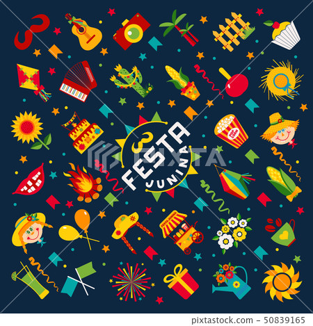 Festa Junina village festival in Latin America. Icons set in bri 50839165
