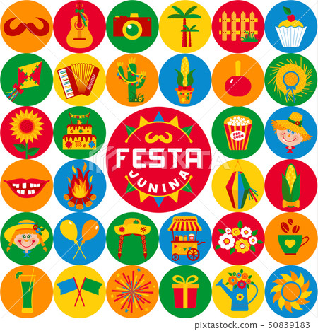 Festa Junina village festival in Latin America. Icons set in bri 50839183