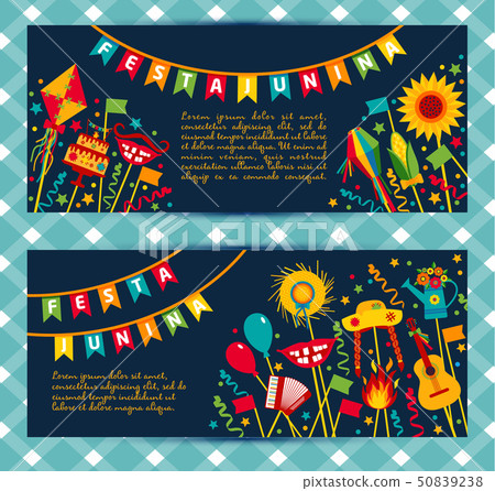 Festa Junina village festival in Latin America. Icons set in bri 50839238