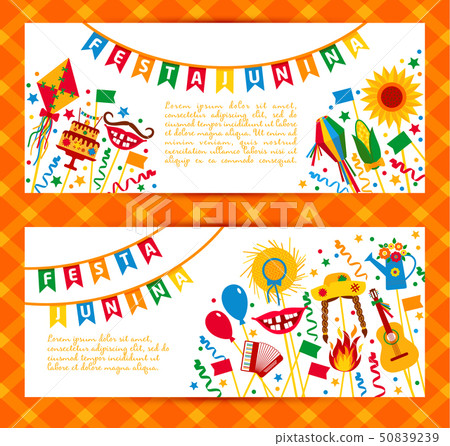 Festa Junina village festival in Latin America. Icons set in bri 50839239