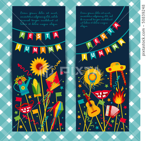 Festa Junina village festival in Latin America. Icons set in bri 50839248