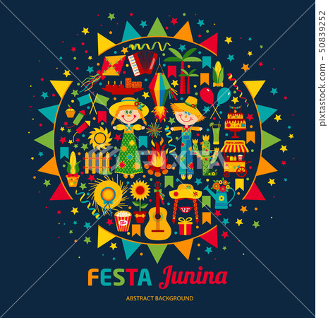 Festa Junina village festival in Latin America. Icons set in bri 50839252