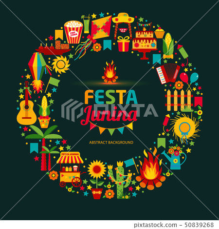 Festa Junina village festival in Latin America. Icons set in bri 50839268