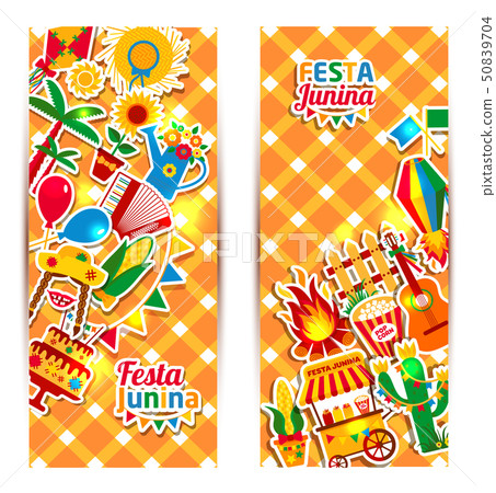 Festa Junina village festival in Latin America. Icons set in bri 50839704