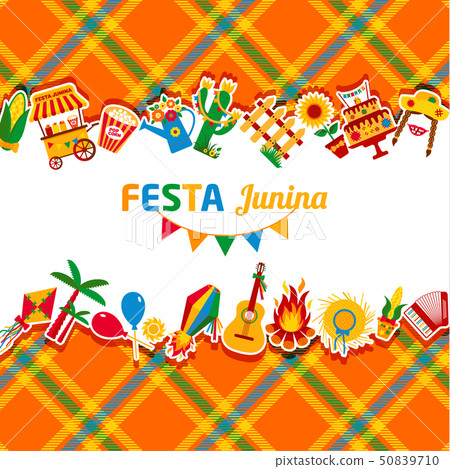 Festa Junina village festival in Latin America. Icons set in bri 50839710