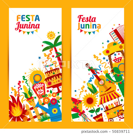 Festa Junina village festival in Latin America. Icons set in bri 50839711