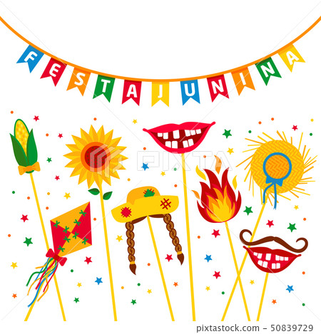 Festa Junina village festival in Latin America. Icons set in bri 50839729