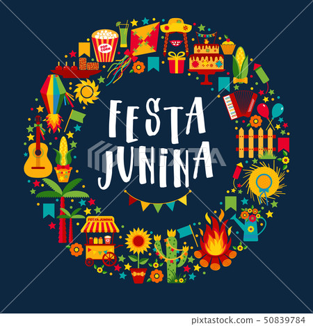 Festa Junina village festival in Latin America. Icons set in bri 50839784