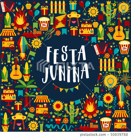 Festa Junina village festival in Latin America. Icons set in bri 50839788