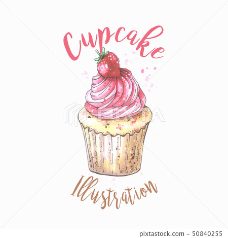 Hand drawn vanilla cupcake with strawberry on top, vintage colorful food sketches, isolated on white 50840255