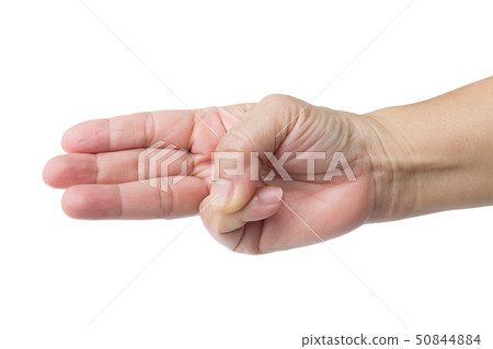 Female hand and fingers showing number three 50844884