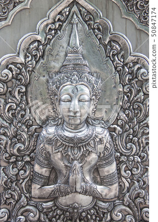 Thai style silver carving art on temple wall 50847174