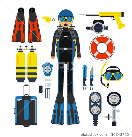 Equipment for underwater sport. Gas, scuba wetsuit and flippers Equipment for underwater sport. Gas, scuba wetsuit and flippers 50848790