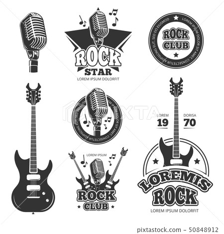 Vintage rock and roll music vector labels, emblems, badges, sticker with guitar and speaker 50848912