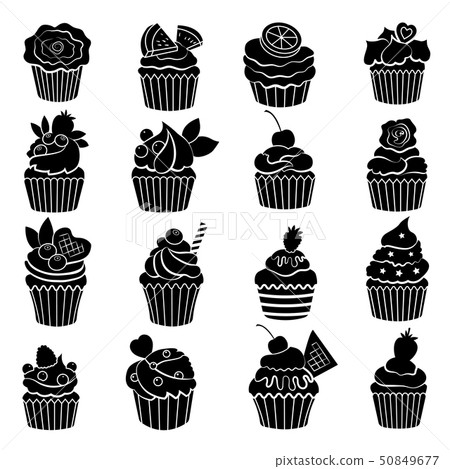 Big monochrome set of different cupcakes and muffins. Black vector illustrations 50849677
