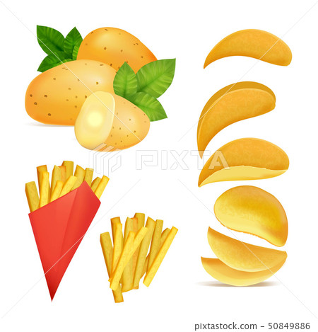 Vector illustrations of snacks or chips. Pictures in cartoon style of fried potato Vector illustrations of snacks or chips. Pictures in cartoon style of fried potato 50849886
