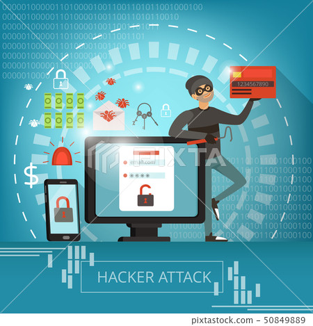 Concept illustration of computer crime and hacker mascot. Vector pictures Concept illustration of computer crime and hacker mascot. Vector pictures 50849889