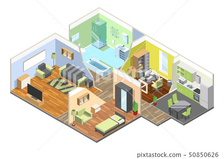 3d interior of modern house with kitchen, living room, bathroom and bedroom. Isometric illustrations 3d interior of modern house with kitchen, living room, bathroom and bedroom. Isometric illustrations 50850626