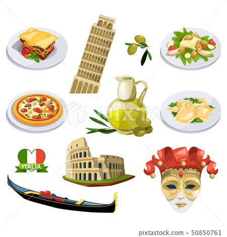 Different traditional elements and symbols of italy, venice. Travel vector illustrations in cartoon 50850761