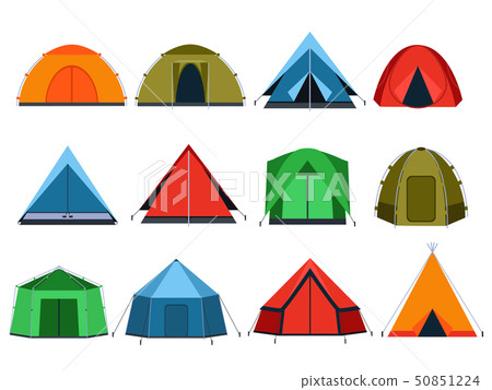 Different tourists tents for camping. Vector pictures in flat style Different tourists tents for camping. Vector pictures in flat style 50851224