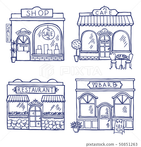 Hand drawn illustration of different buildings and market places. Restaurant, cafe, bar and shop Hand drawn illustration of different buildings and market places. Restaurant, cafe, bar and shop 50851263