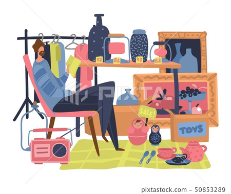 Market seller. Traditional flea market with secondhand clothes toy and bazaar salesman vector 50853289