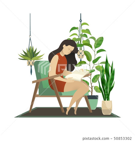 Urban jungle. Woman reading and knitting lady under garden home tropic green palm and hanging decor Urban jungle. Woman reading and knitting lady under garden home tropic green palm and hanging decor 50853302